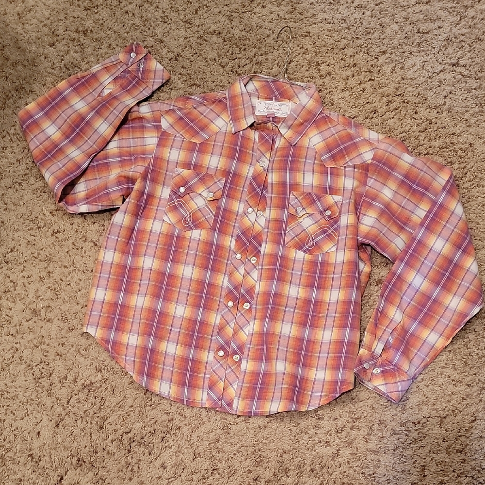 Plaid Girls Shirt in Orange and Pink, Pearl Snaps